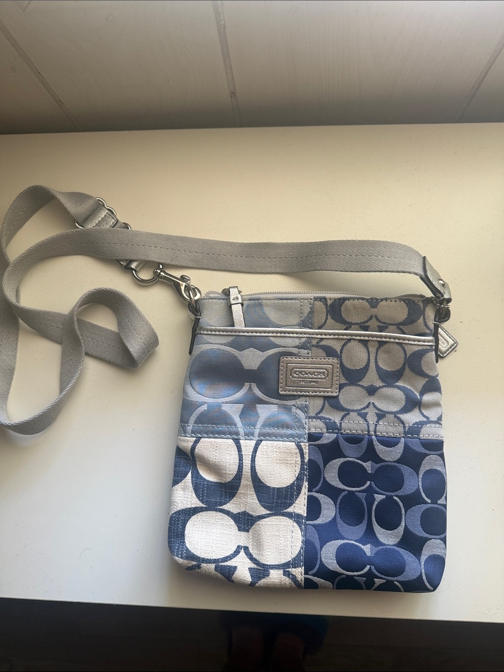Coach Blue and White Signature Patchwork Crossbody Bag